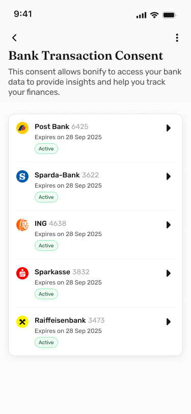 Bank Transaction Consent — per-bank consents with expiry and status