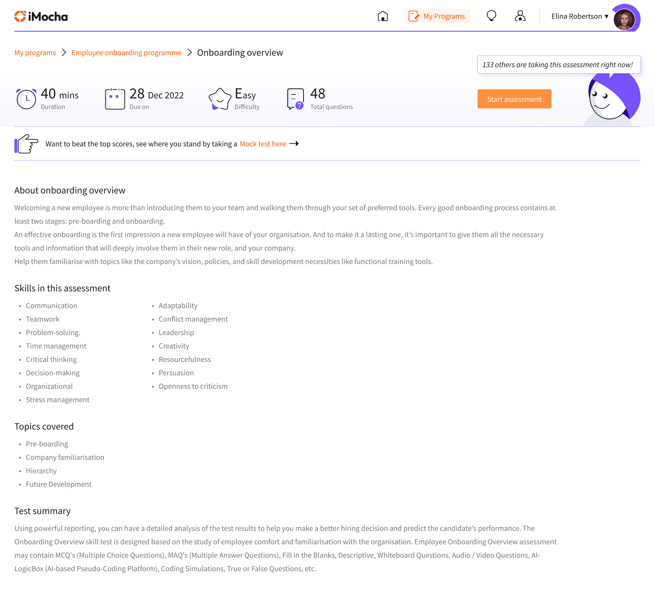 Assessment details screen — duration, difficulty, skills, and topics covered