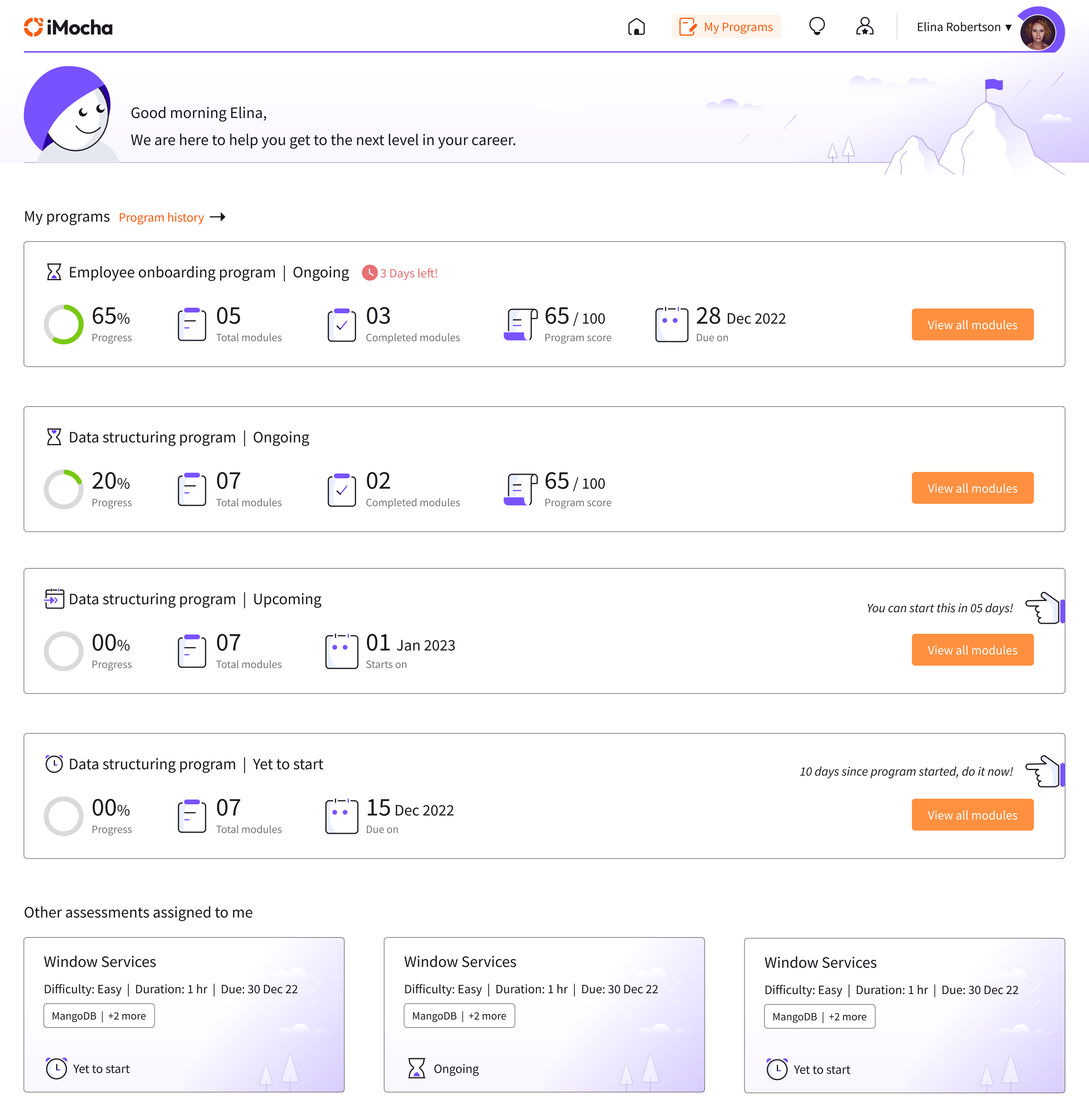 My programs screen — program cards with progress, modules, and due dates